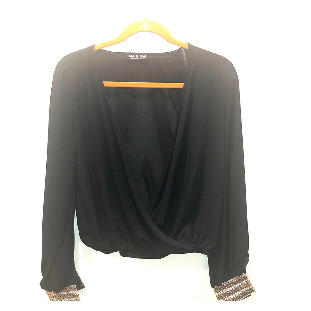 Black Blouse with Gold Gem Cuffs